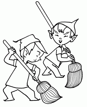 Elves cleaning up coloring page