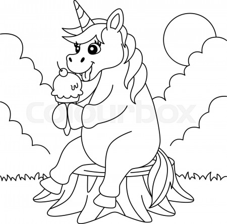 Unicorn Eating Ice Cream Coloring Page for Kids | Stock vector | Colourbox