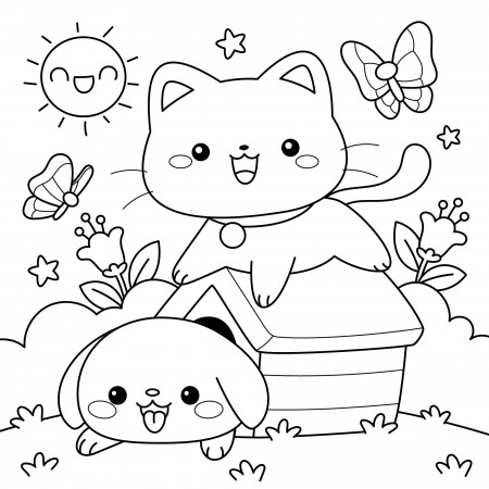 cute cat and dog coloring page