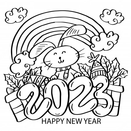 Premium Vector | Happy new year 2023 with rabbit coloring pages