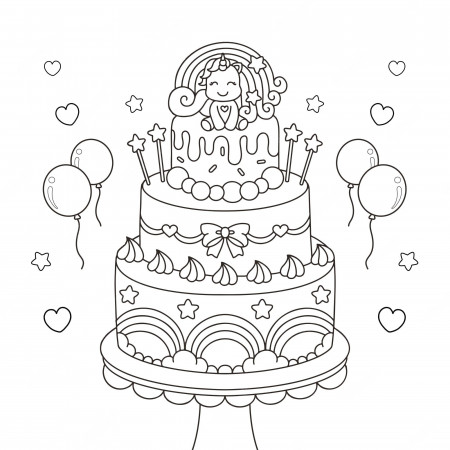 Premium Vector | Cute uncorn birthday cake coloring page printable