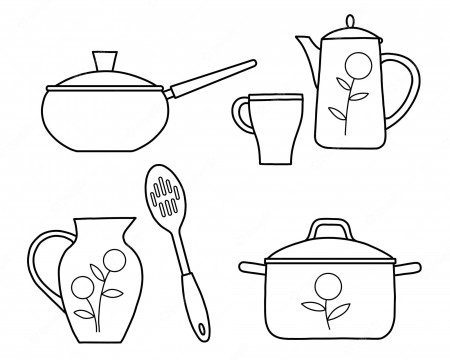 Premium Vector | Set of dishes and kitchen accessories: a pot, a frying pan,  a coffee pot and a cup. outline illustration on white background.