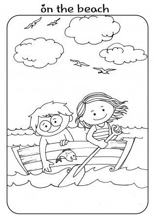 Coloring Pages : Beach Boat Kids Activity Coloring Girl Boy ...