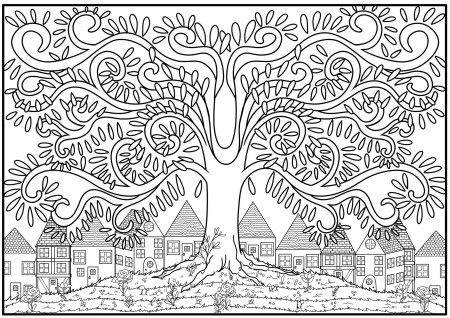 Tree on top of a hill - Flowers Adult Coloring Pages