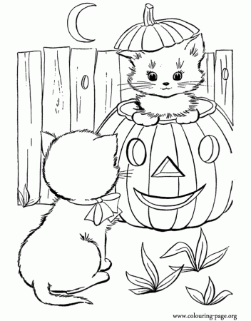 Halloween Pumpkin And Two Cute Kittens Coloring Page