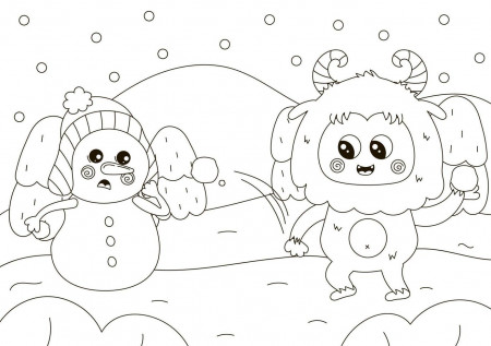 Funny coloring page with cute Yeti character and snowman playing snowballs  fight 21737900 Vector Art at Vecteezy
