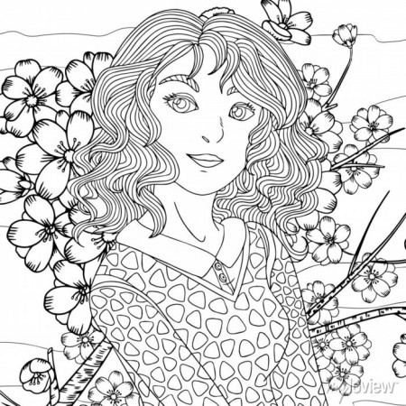 Coloring page. girl portrait with curly hair. a beauty is among • wall  stickers long hair, graphic, line art | myloview.com