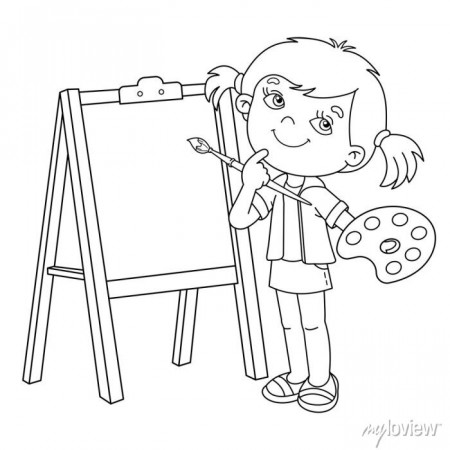 Coloring page outline of cartoon girl with brush and paints. posters for  the wall • posters kindergarten, education, childish | myloview.com