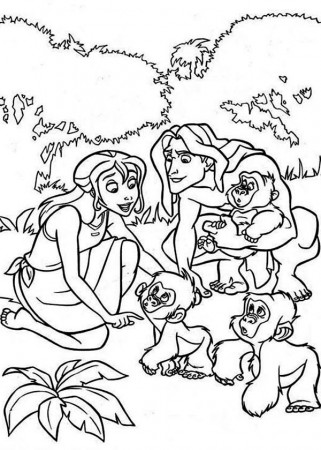 Tarzan and Jane Play with Three Little Gorilla Coloring Page ...