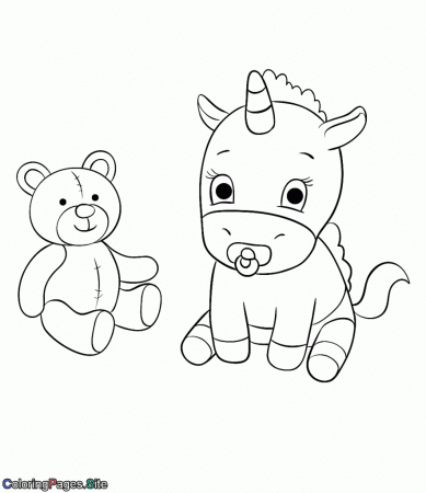 Baby unicorn with teddy bear coloring page