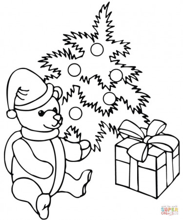 Decorated Christmas Tree with a Teddy Bear and a Gift Box coloring page |  Free Printable Coloring Pages