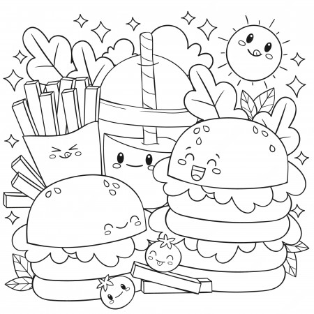 Food with faces coloring page: burgers, fries and soda