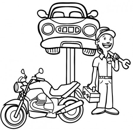 motorcycle and car mechanic coloring page | Coloring pages, Car mechanic,  Bible coloring sheets