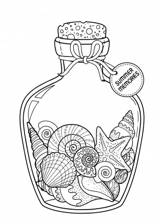 Premium Vector | Vector coloring book page for adult set of seashell in a  glass bottle for summer memories