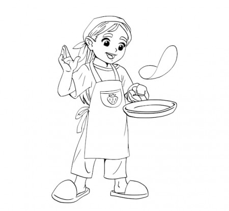 Premium Vector | Girl chef prepares pancakes food in a frying pan. a child  in a chef s hat. coloring book realistic with black lines. vector in  cartoon childish style. isolated art
