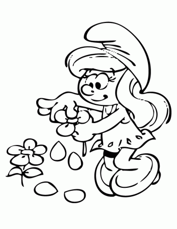 Smurfette With Flower Coloring Page | Free Printable Coloring Pages