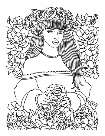 Premium Vector | Beautiful flower girl coloring page for adults