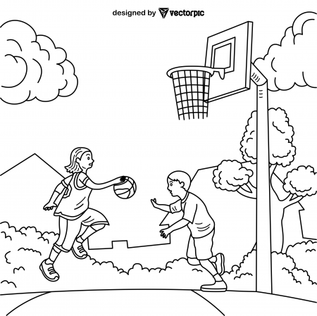 girl and boy playing basketball Coloring Pages for Kids & Adults design  free vector
