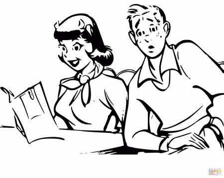 Vintage Boy and Girl Studying Menu coloring page | Free Printable Coloring  Pages