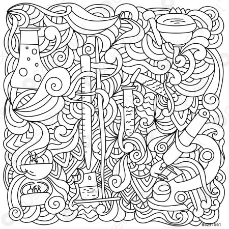 Science coloring page antistress, doodles and curls with laboratory  equipment - stock vector 5291561 | Crushpixel