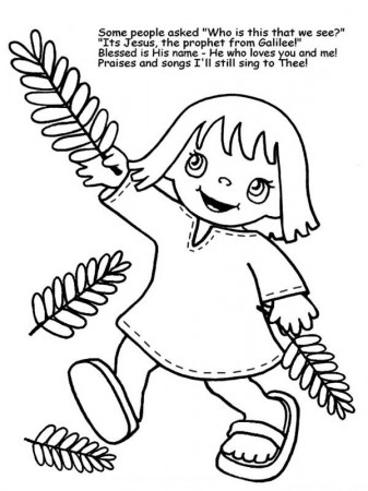 A Little Girl Wave Palm Tree Branches in Palm Sunday Coloring Page ...