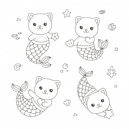 Premium Vector | Cute cat little mermaid cartoon hand drawn diving under  the sea coloring page