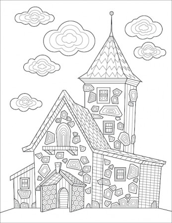 Premium Vector | Old victorian house line drawing with geometric details  and clouds for coloring book