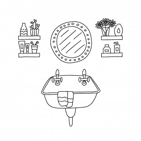 Premium Vector | Doodle bathroom sink and mirror hand drawn toilet coloring  page with sink