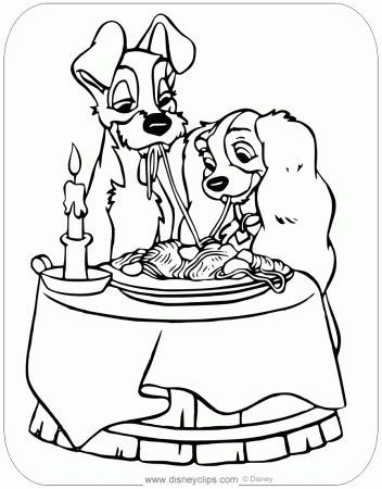 Coloring page of Lady and Tramp sharing spaghetti and meatballs at ...
