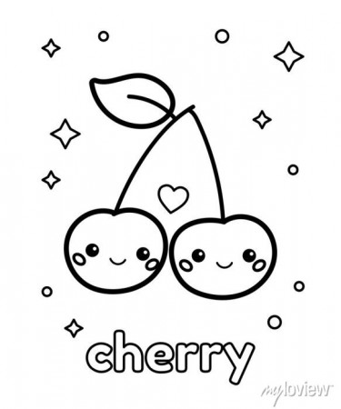 Coloring page for preschool children. cute cartoon kawaii cherry • wall  stickers sweet, illustration, vector | myloview.com